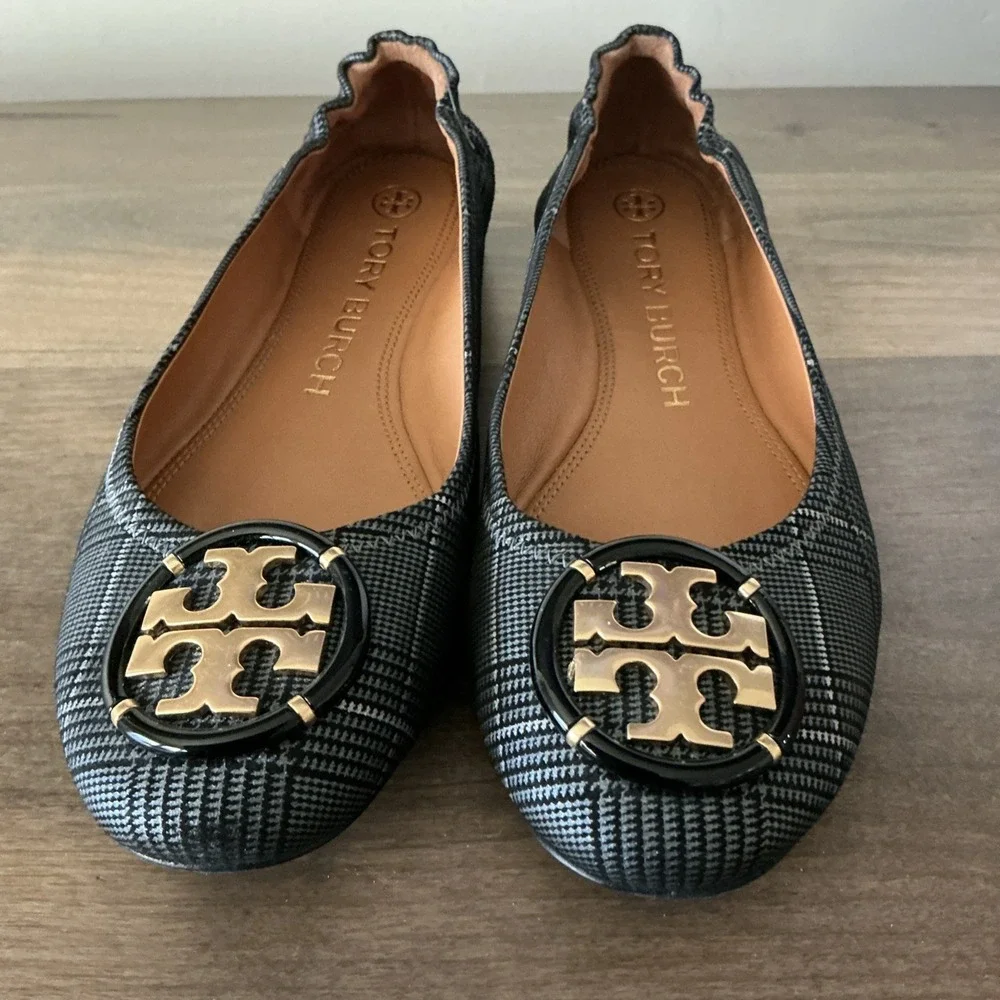 Tory Burch Multi Logo Elastic Prince Of Wales‎ Ballet  7 EUC!